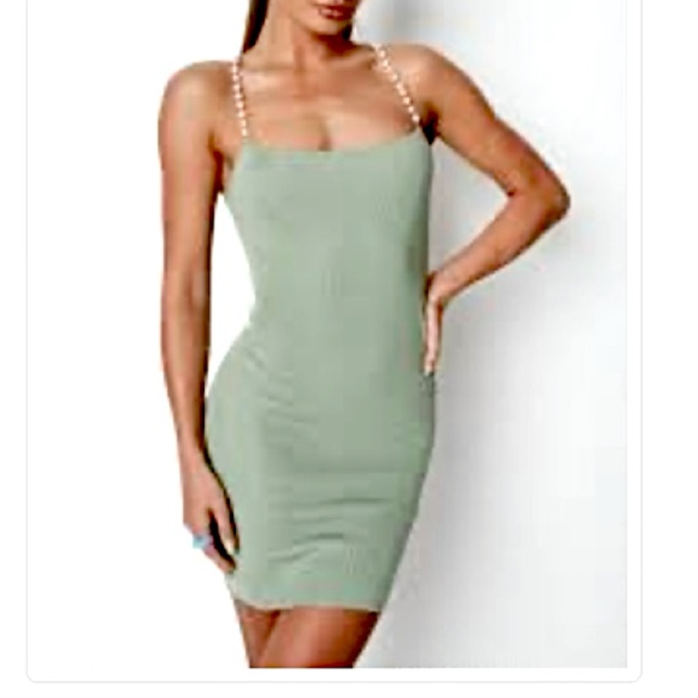 Misguided Sage Knit Dress with Faux Pearl Straps